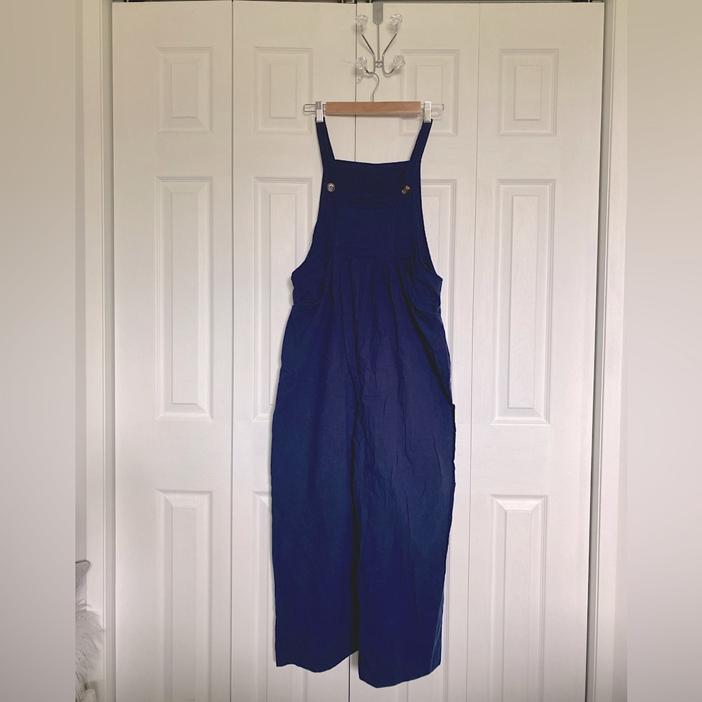 La Mode Navy Blue Wide Leg Linen-like Overalls -Size XL